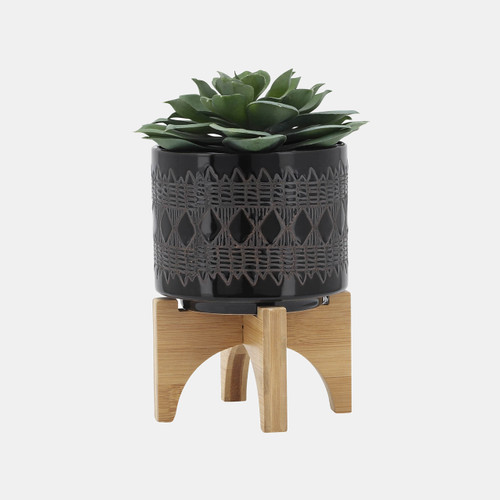 Sagebrook Home Ceramic 5" Aztec Planter On Wooden Stand Black Wishlist Create New