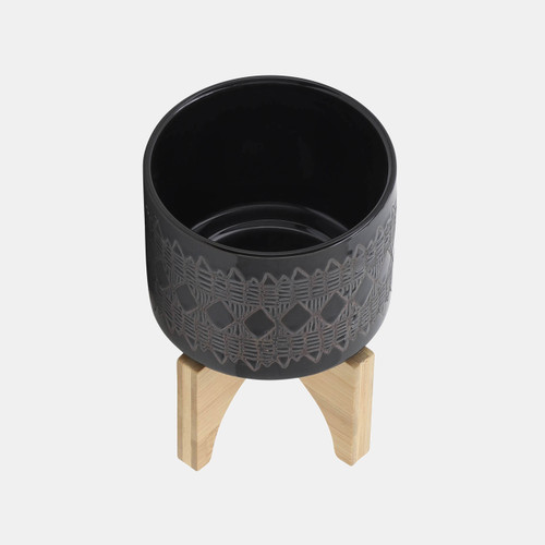 Sagebrook Home Ceramic 5" Aztec Planter On Wooden Stand Black Wishlist Create New