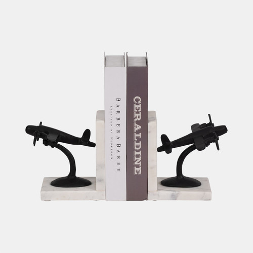 Sagebrook Home Metal S/2 6" Airplane Bookends On Marble Blk/wht Wishlist Create New