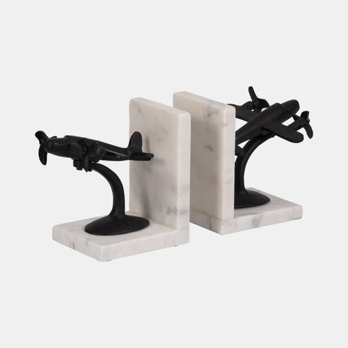 Sagebrook Home Metal S/2 6" Airplane Bookends On Marble Blk/wht Wishlist Create New