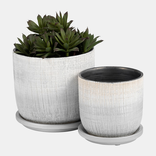 Sagebrook Home S/2 5/6" Textured Planter With Saucer Silver Wishlist Create New