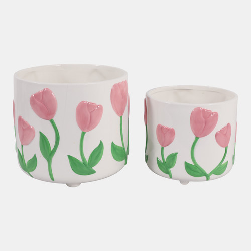 Sagebrook Home S/2 7/8" Tulip Embossed Footed Planters Pink/ivor Wishlist Create New