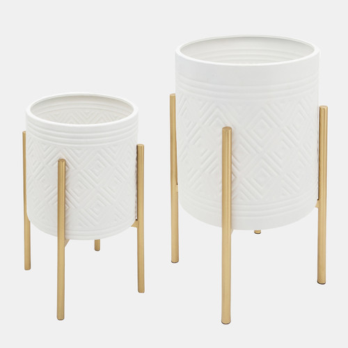 sagebrook home S/2 Aztec Planter On Metal Stand White/gold Wishlist Create New