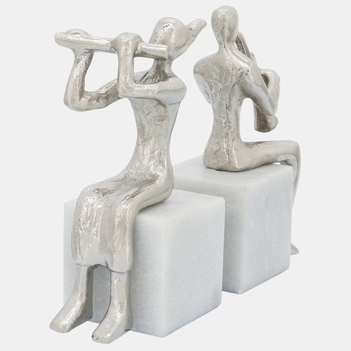 Sagebrook Home S/2 Metal Musicians On Marble Base Silver Wishlist Create New