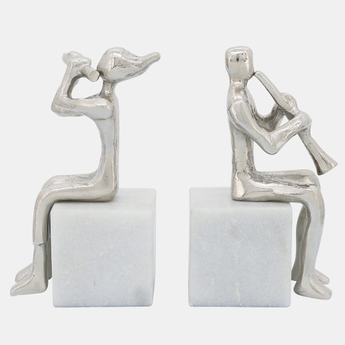 Sagebrook Home S/2 Metal Musicians On Marble Base Silver Wishlist Create New