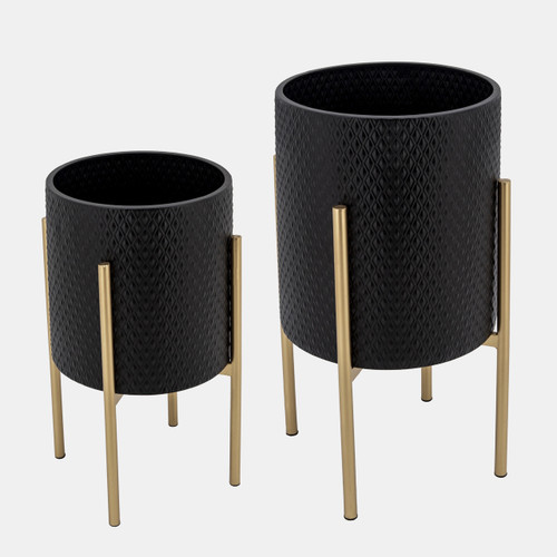 sagebrook home S/2 Textured Planter On Metalstand Black/gld Wishlist Create New