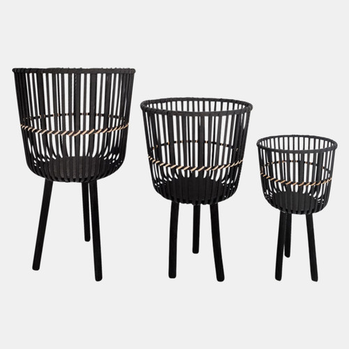 sagebrook home S/3 Bamboo Footed Planters 11/13/15" Black Wishlist Create New