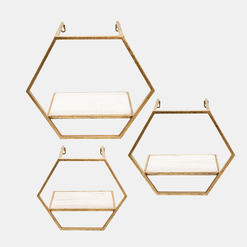sagebrook home S/3 Metal/wood Hexagon Wall Shelves Gold Wishlist Create New