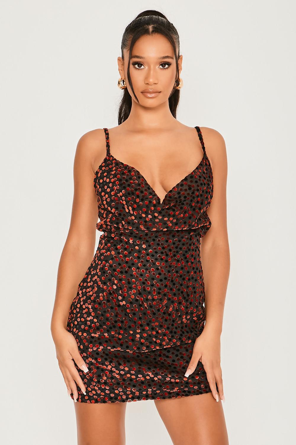 Saint Genies Abbie Red Floral Burnout Mesh Cowl Mini Dress