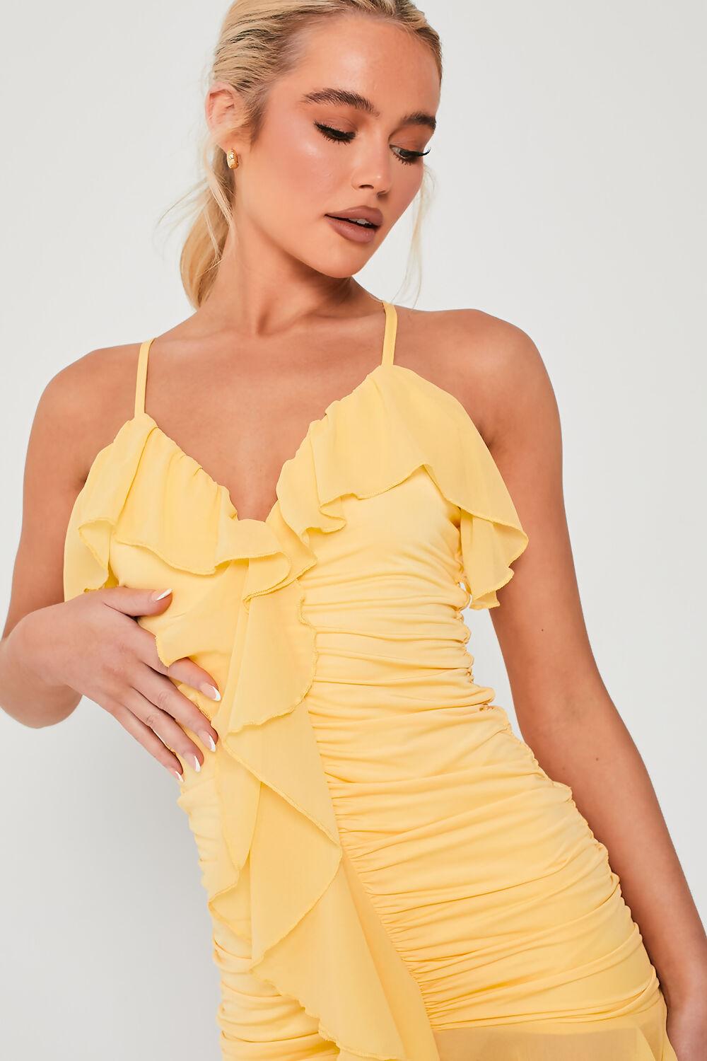 Saint Genies Addison Yellow Frill Detail Ruched Mini Dress
