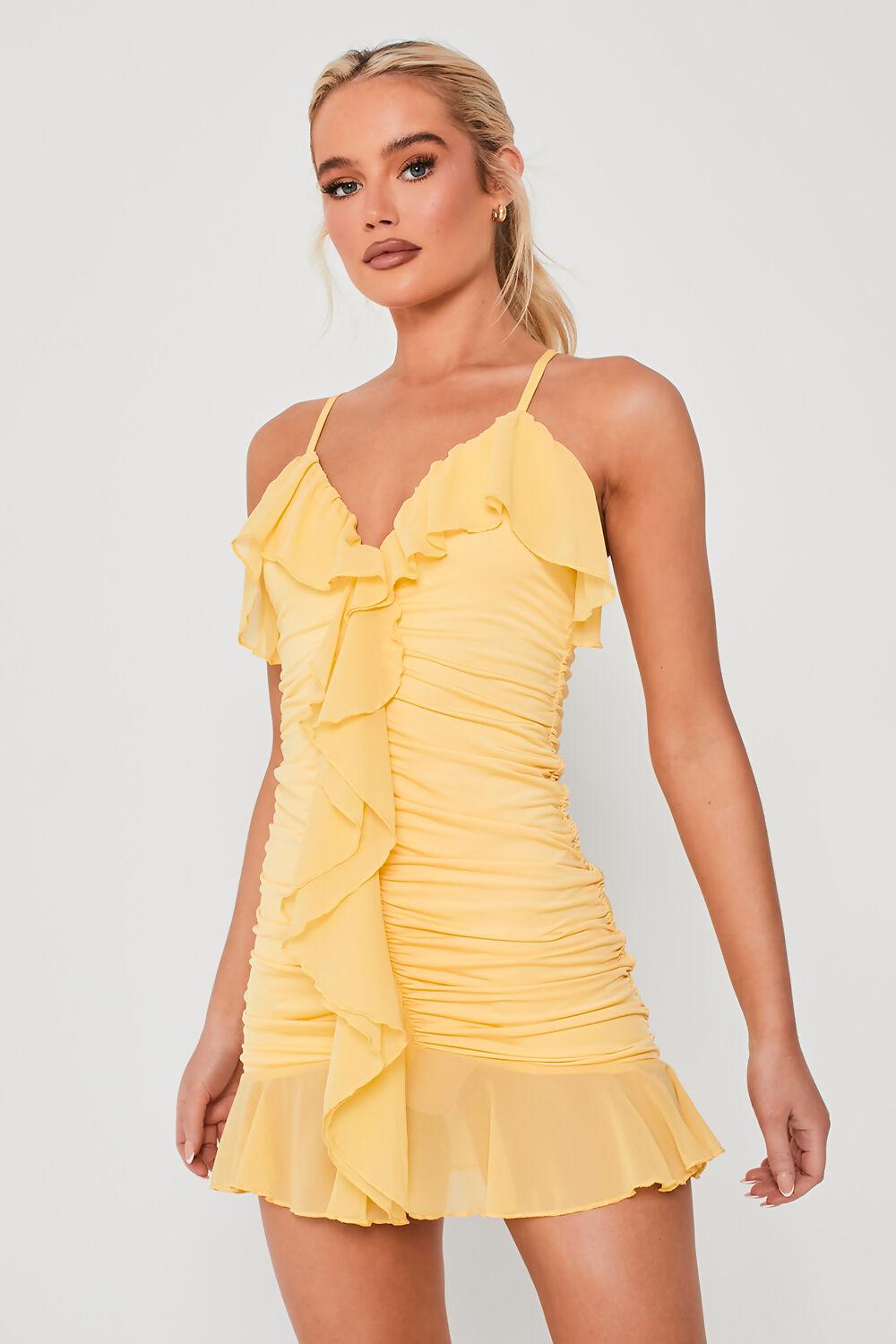 saint genies Addison Yellow Frill Detail Ruched Mini Dress