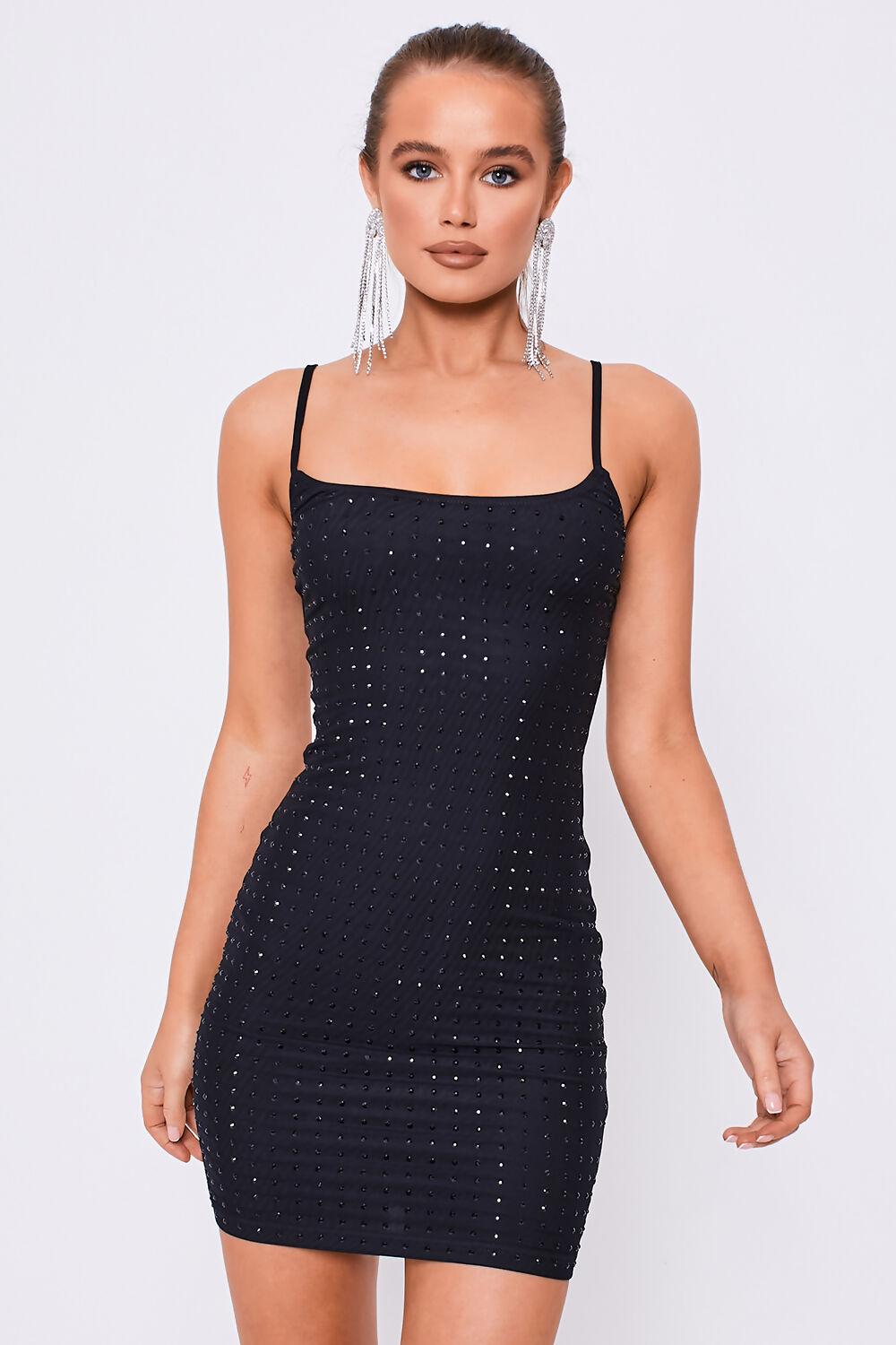 Saint Genies Adelaide Black Strappy Diamante Mini Bodycon Dress