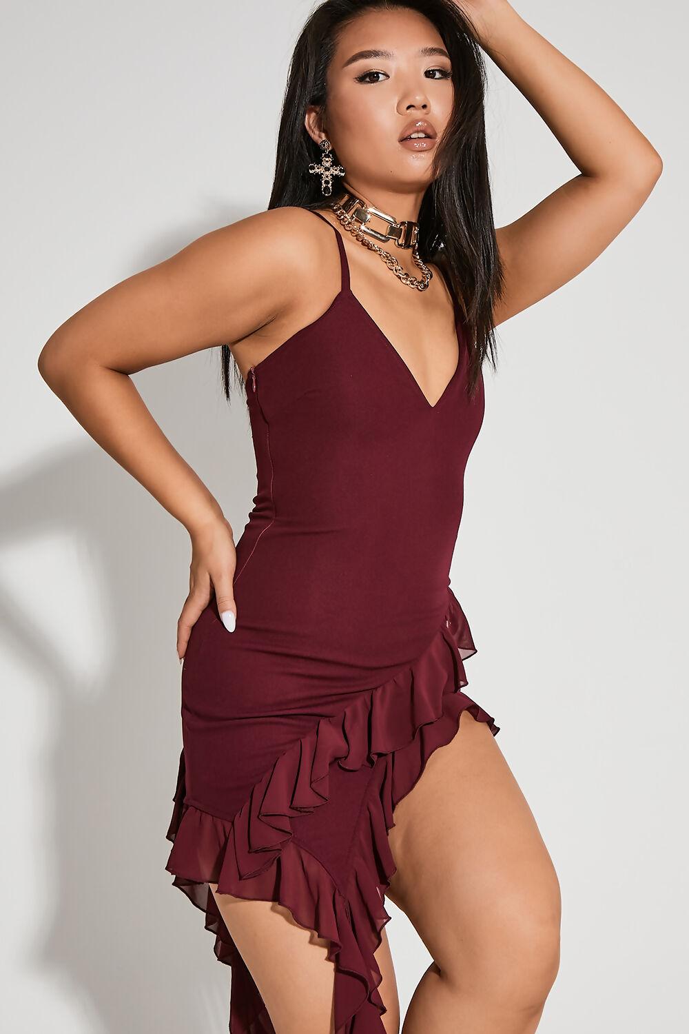 Saint Genies Adrianna Burgundy Asymmetric Frill Strappy Mini Dress