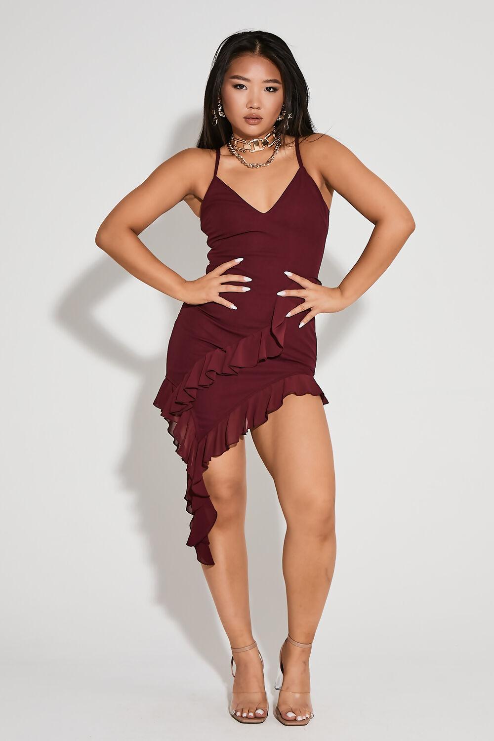 saint genies Adrianna Burgundy Asymmetric Frill Strappy Mini Dress