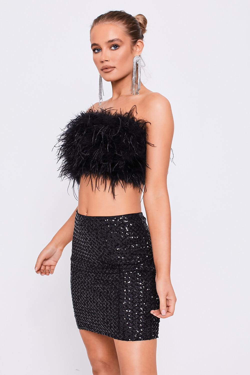 Saint Genies Agnes Black High Waist Sequin Mini Skirt