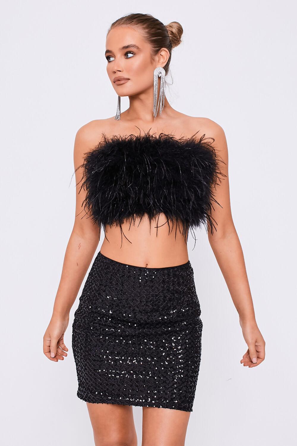 saint genies Agnes Black High Waist Sequin Mini Skirt