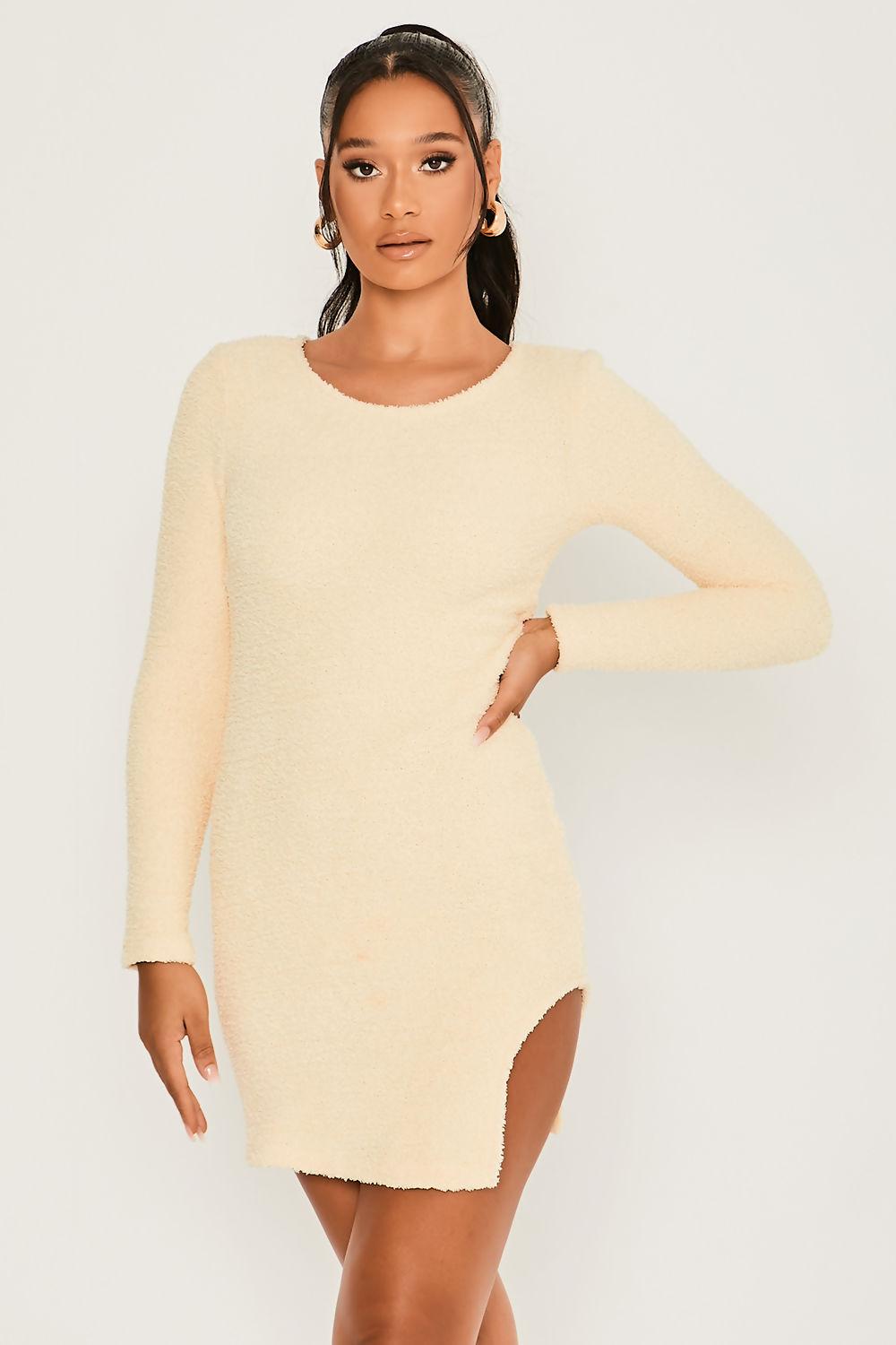 saint genies Aisha Yellow Fluffy Long Sleeve Cut Out Detailed Mini Bodycon Dress