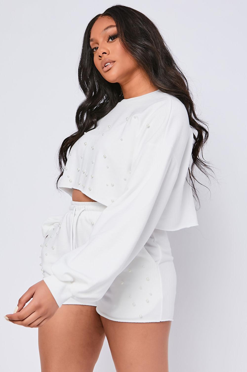 Saint Genies Alamo White Pearl Embellished Loop Back Jersey Cropped Sweatshirt
