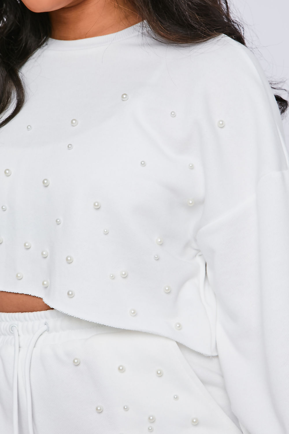 Saint Genies Alamo White Pearl Embellished Loop Back Jersey Cropped Sweatshirt