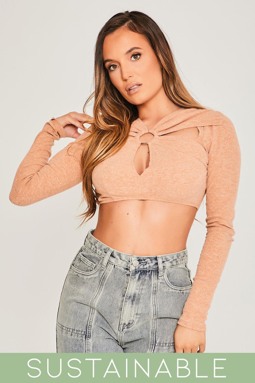 Saint Genies Alice Mocha Recycled Rib Ring Detail Gathered Crop Top