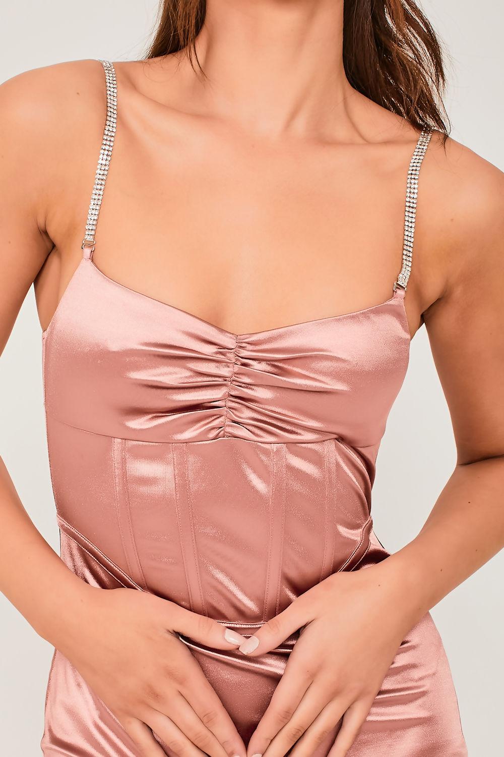 Saint Genies Alita Rose Stretch Satin Diamante Strap Corset Dress