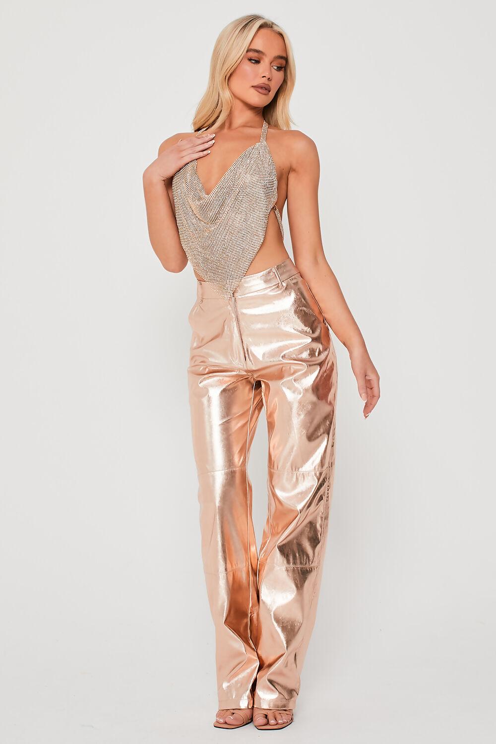Saint Genies Alix Champagne Gold Metallic High Waisted Wide Leg Trousers