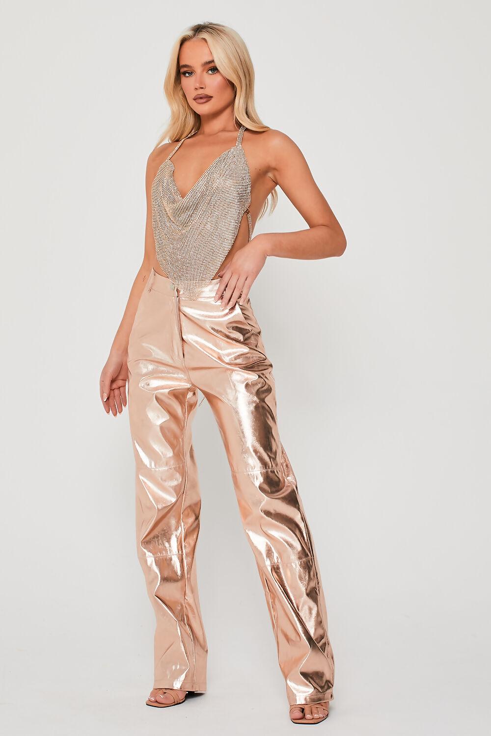 saint genies Alix Champagne Gold Metallic High Waisted Wide Leg Trousers