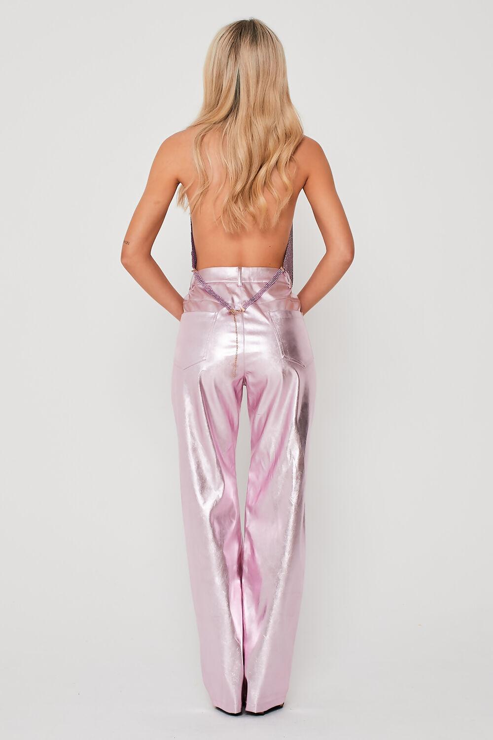 Saint Genies Alix Lilac Metallic High Waisted Wide Leg Trousers