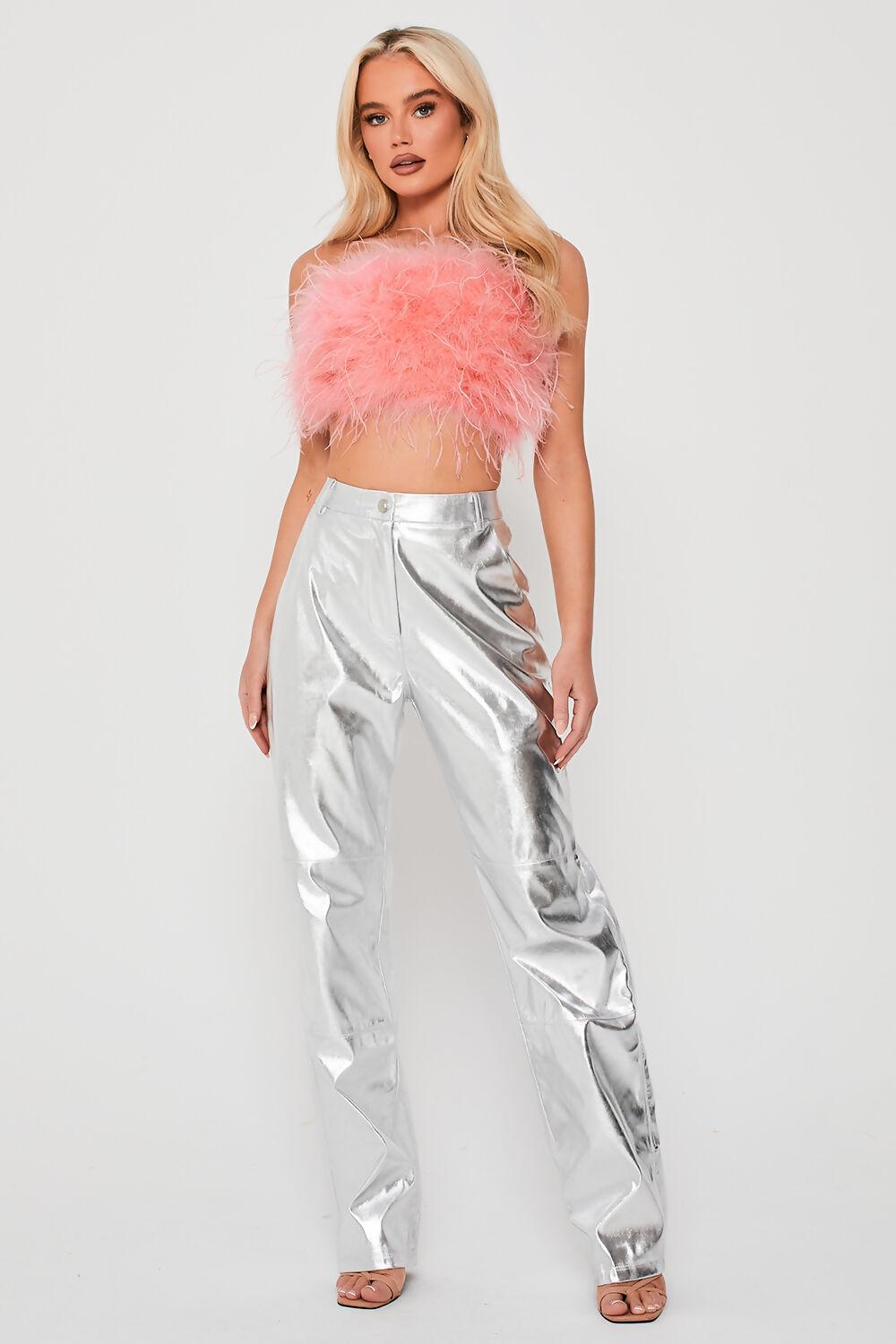 Saint Genies Alix Silver Metallic High Waisted Wide Leg Trousers