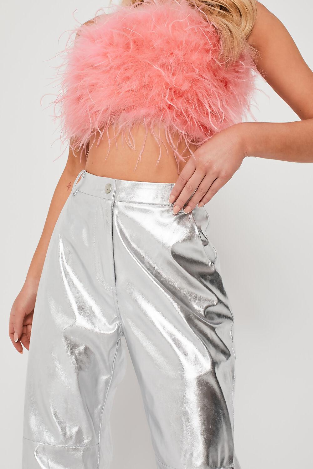 Saint Genies Alix Silver Metallic High Waisted Wide Leg Trousers