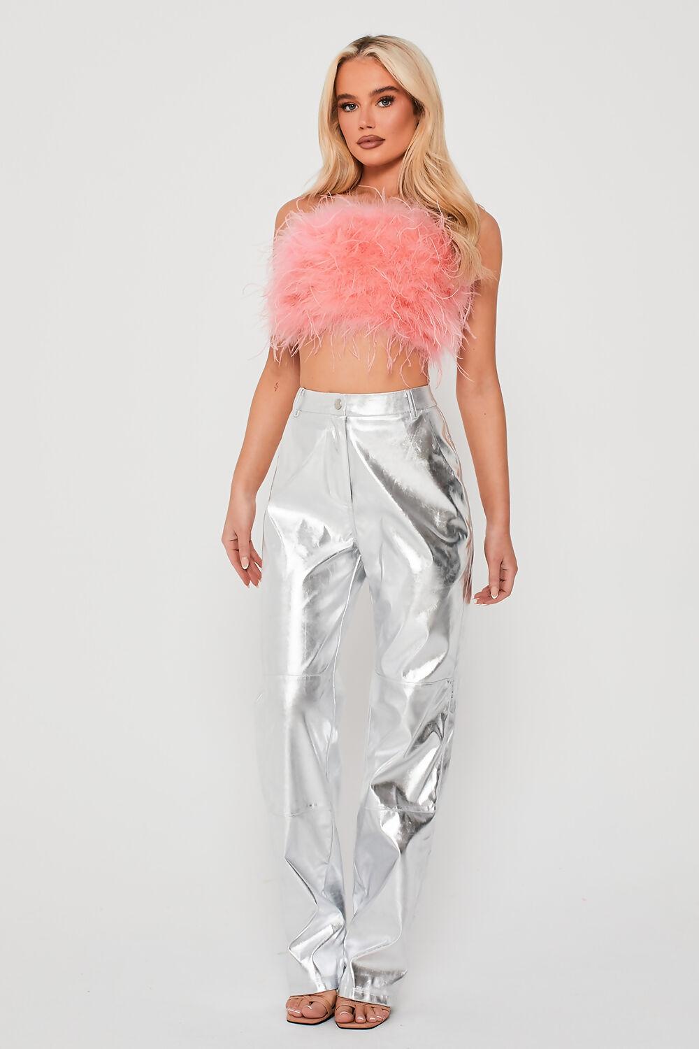 saint genies Alix Silver Metallic High Waisted Wide Leg Trousers