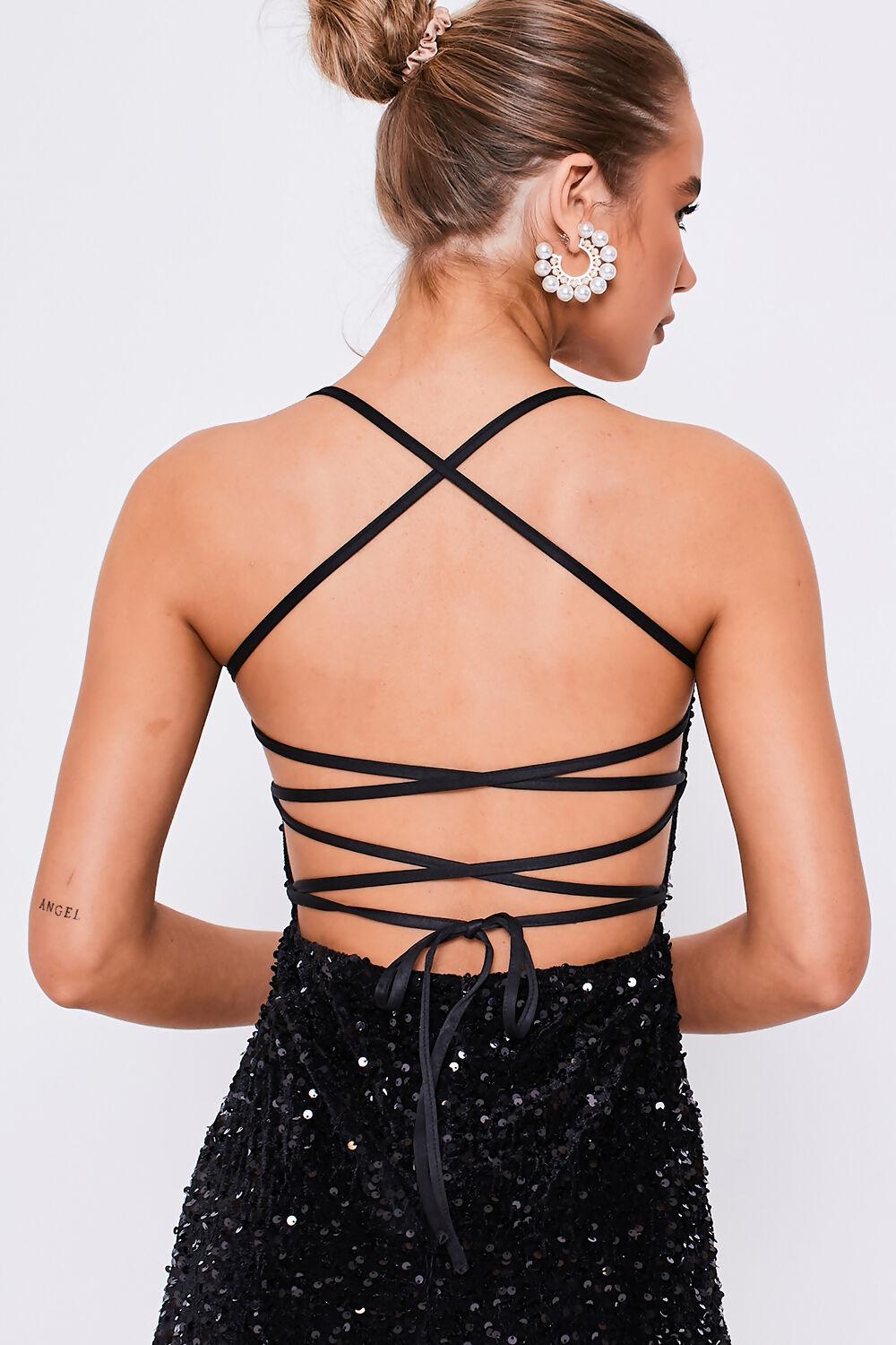 Saint Genies Althea Black Square Neckline Lace Back Sequin Midi Dress