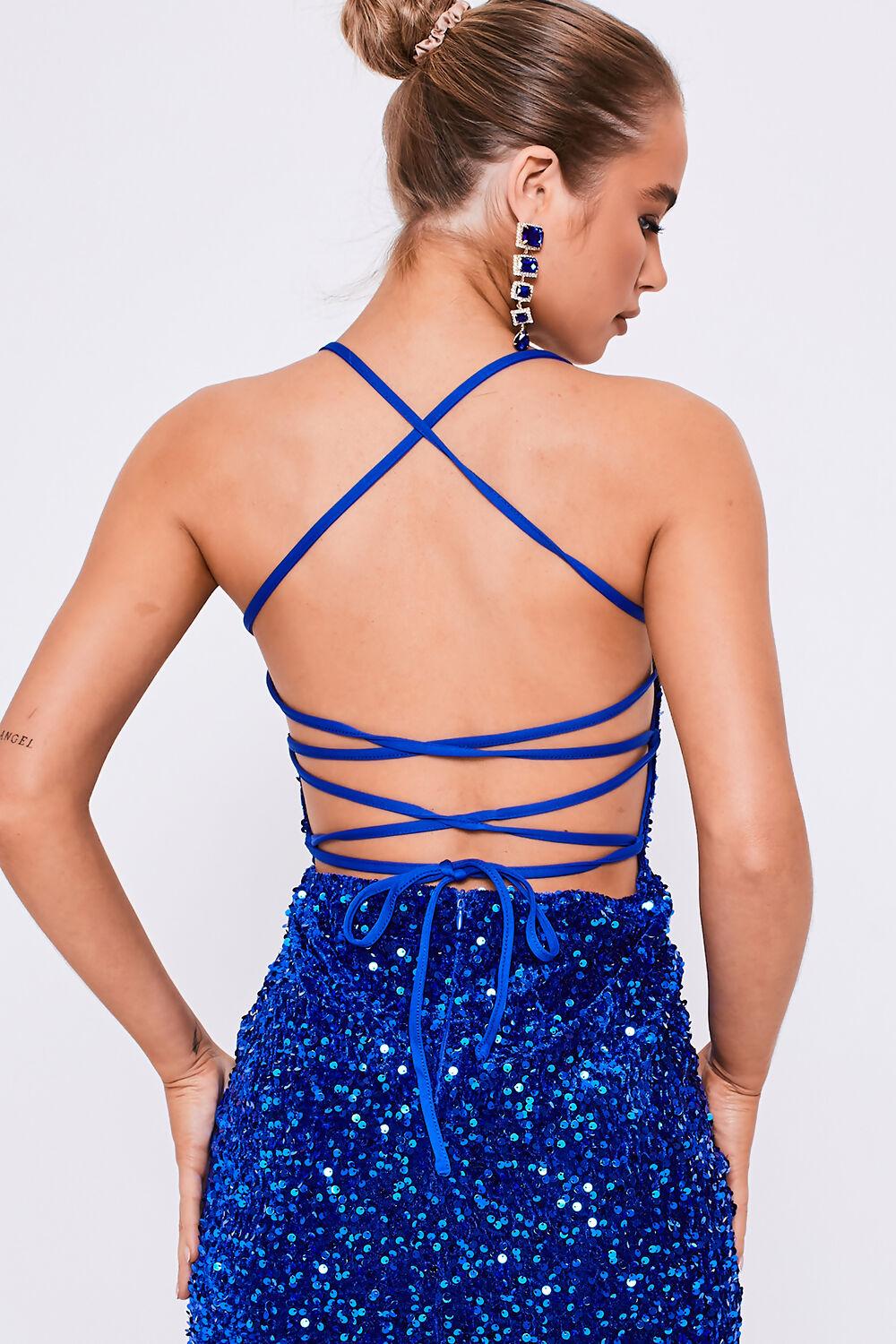 Saint Genies Althea Cobalt Square Neckline Lace Back Sequin Midi Dress