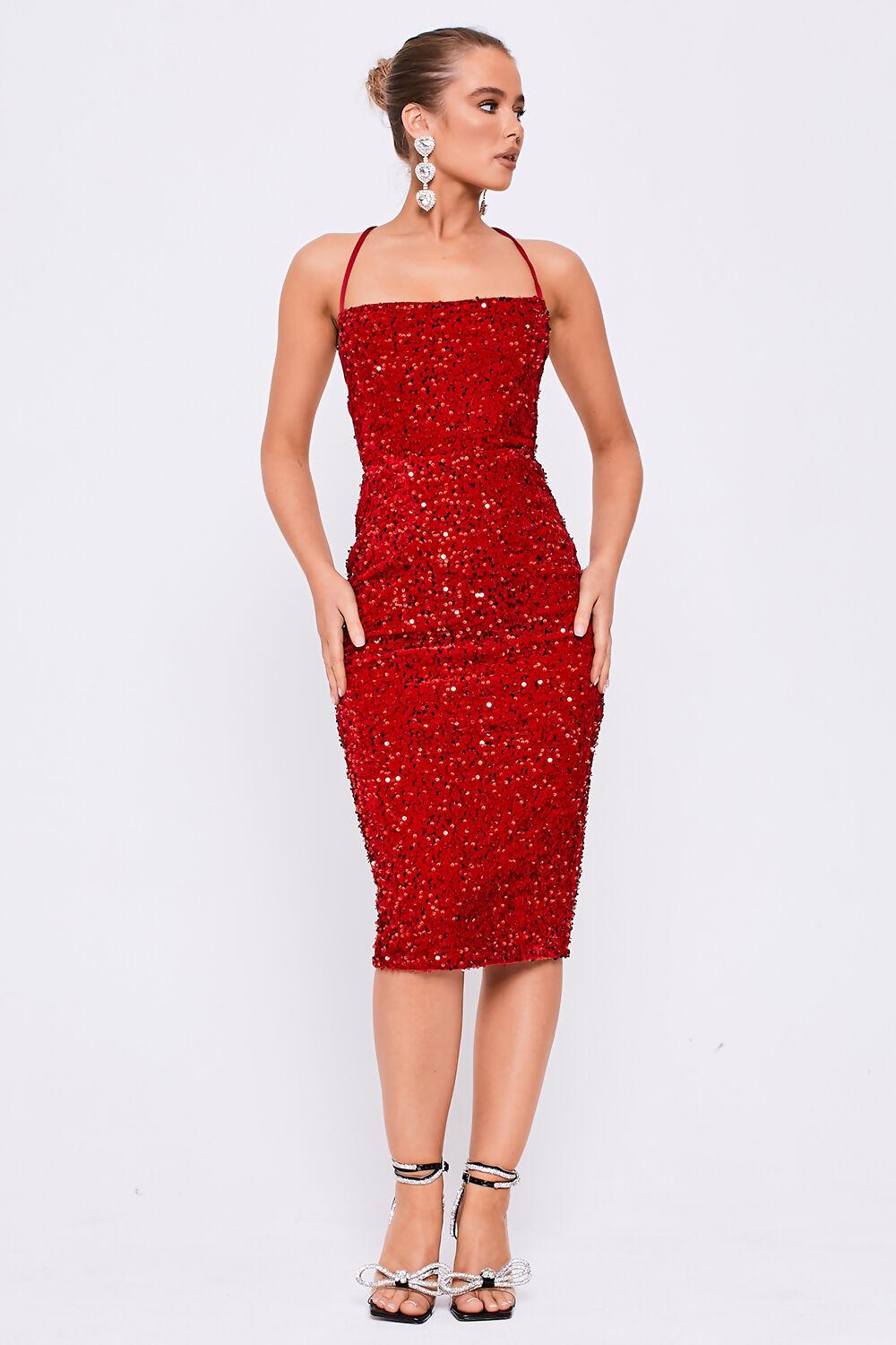 Saint Genies Althea Red Square Neckline Lace Back Sequin Midi Dress