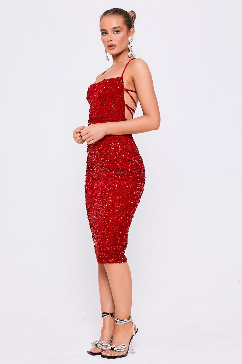 Saint Genies Althea Red Square Neckline Lace Back Sequin Midi Dress