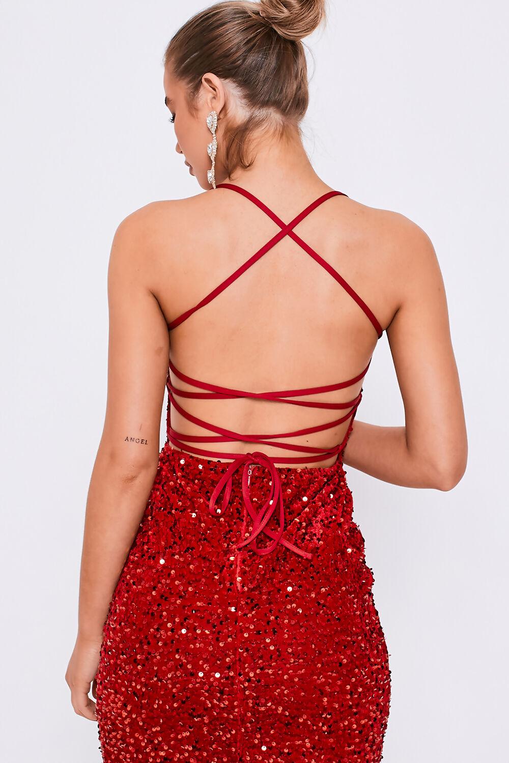 Saint Genies Althea Red Square Neckline Lace Back Sequin Midi Dress