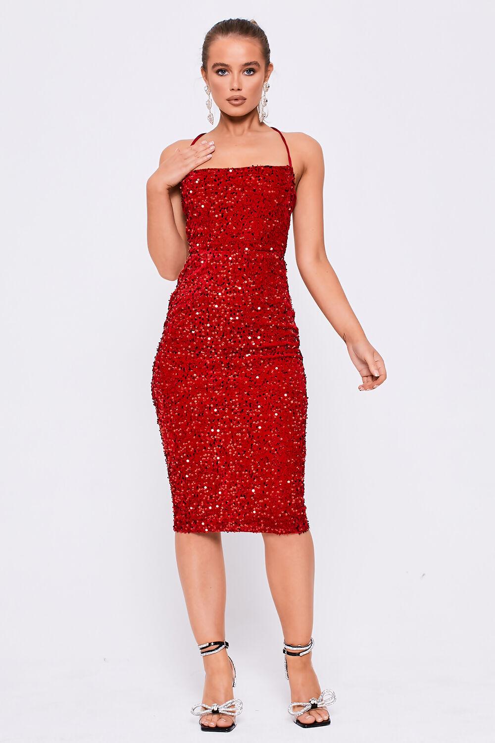 saint genies Althea Red Square Neckline Lace Back Sequin Midi Dress
