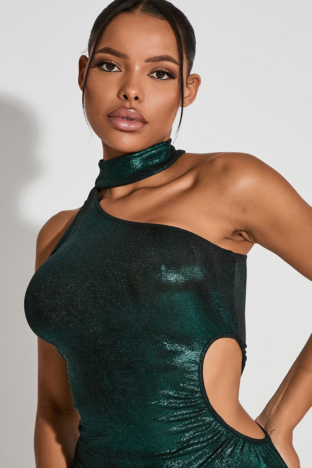 Saint Genies Amira Green Asymmetric Cutout Detail Mini Dress