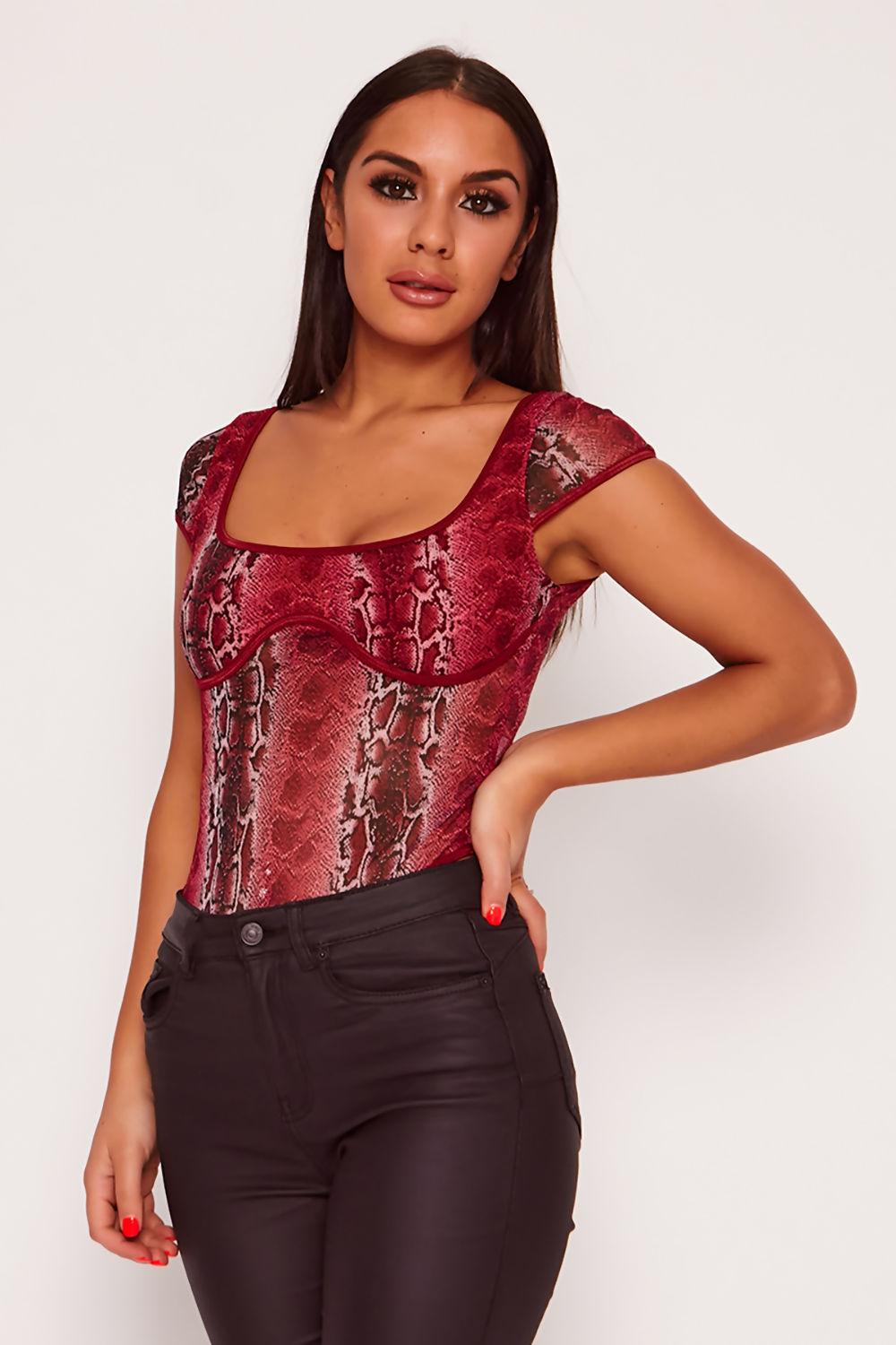 Saint Genies Amy Snake Print Thong Bodysuit In Wine