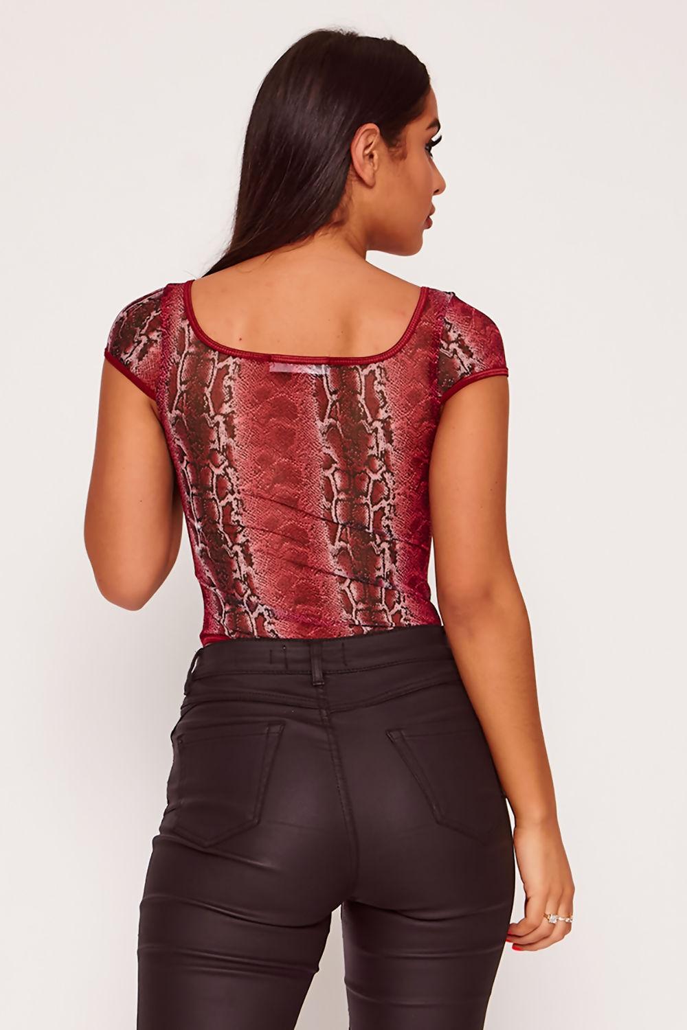 Saint Genies Amy Snake Print Thong Bodysuit In Wine