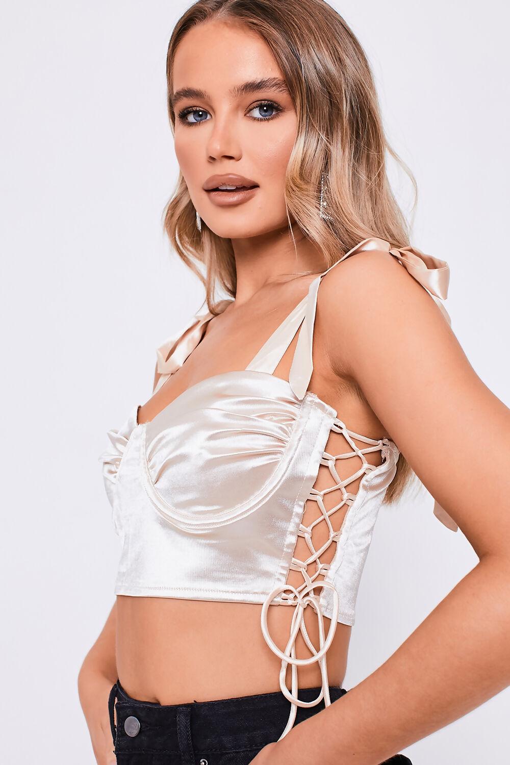 Saint Genies Ania Champagne Tie Shoulder Laced Side Ruched Bust Crop Top