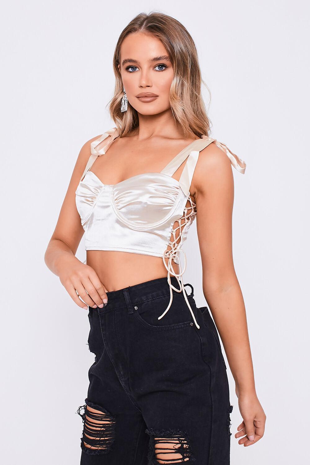 Saint Genies Ania Champagne Tie Shoulder Laced Side Ruched Bust Crop Top