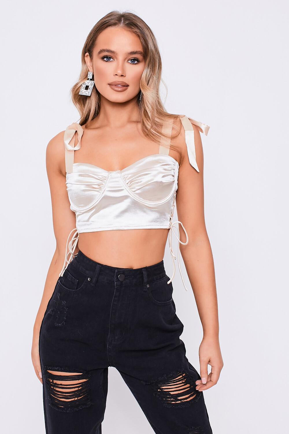 saint genies Ania Champagne Tie Shoulder Laced Side Ruched Bust Crop Top