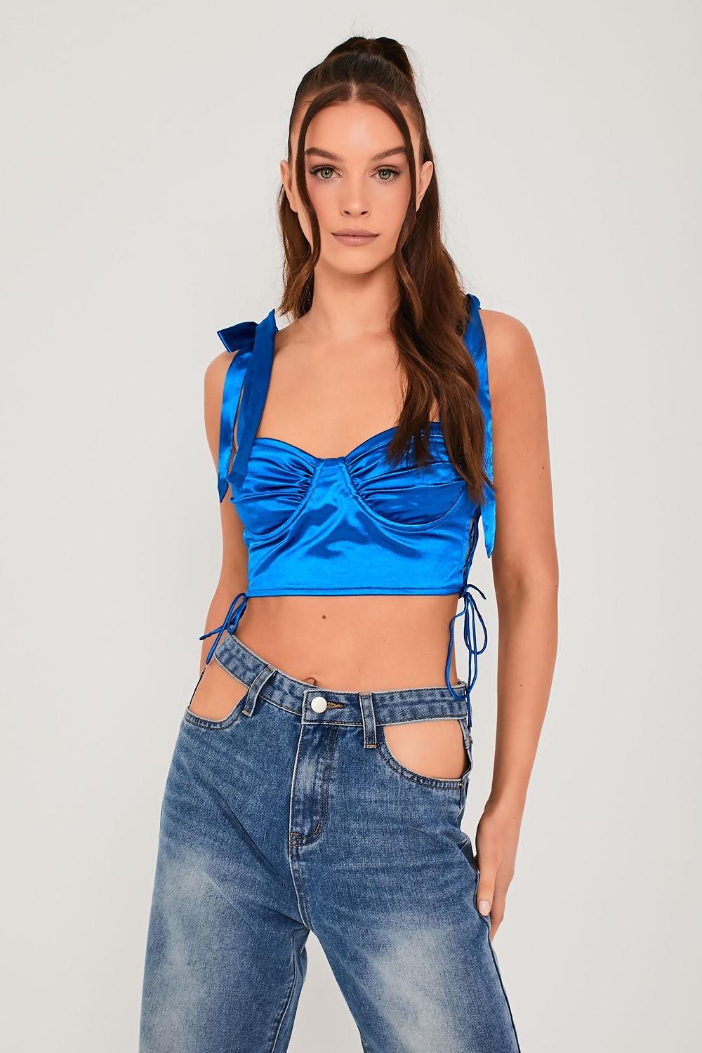 Saint Genies Ania Cobalt Blue Tie Shoulder Laced Side Ruched Bust Crop Top