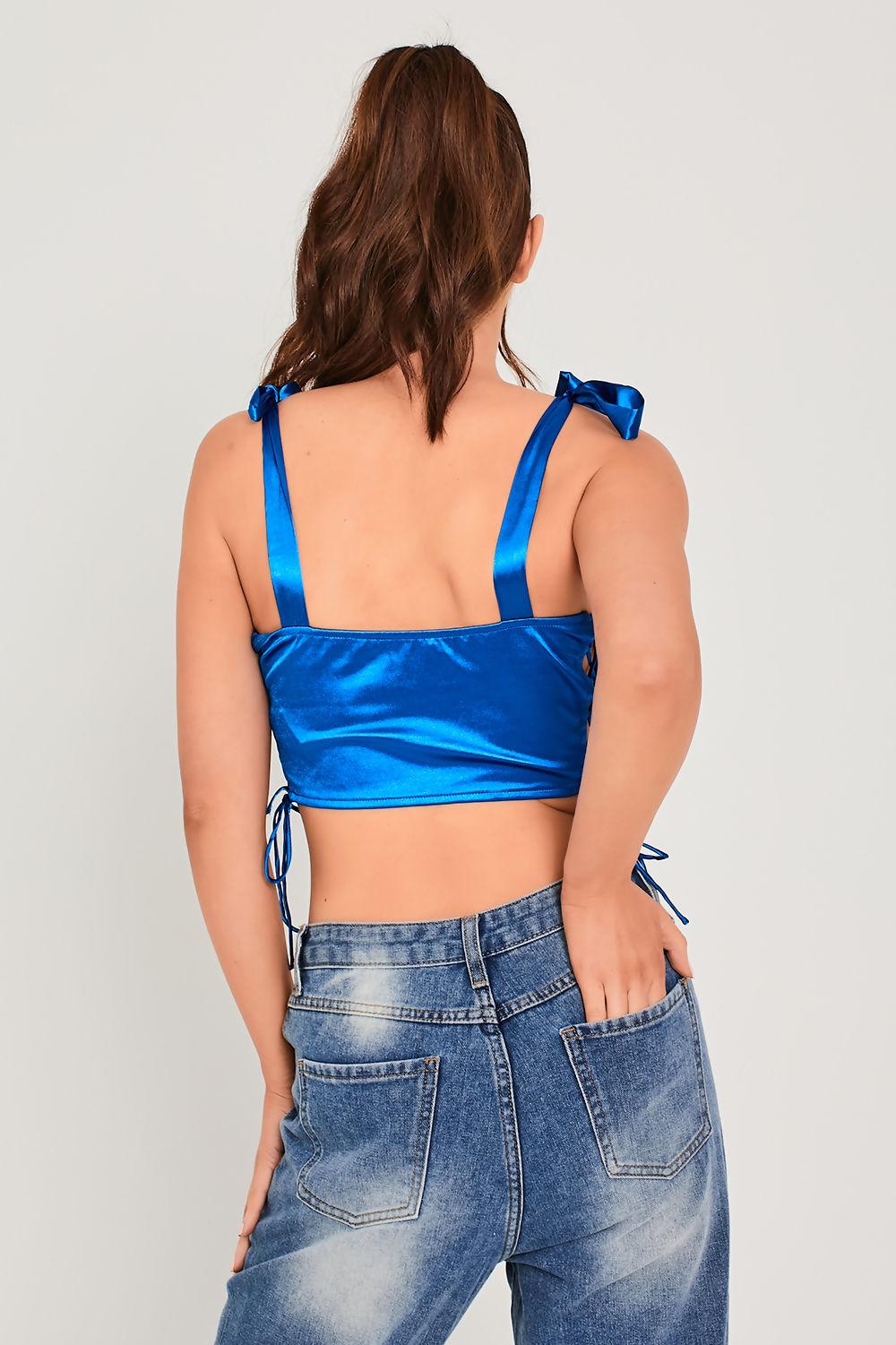 Saint Genies Ania Cobalt Blue Tie Shoulder Laced Side Ruched Bust Crop Top