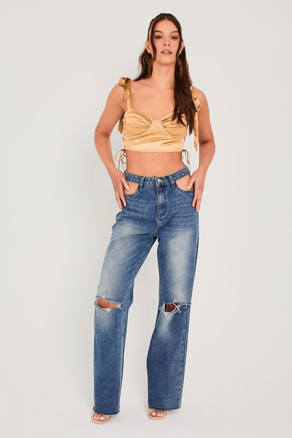 saint genies Ania Gold Tie Shoulder Laced Side Ruched Bust Crop Top