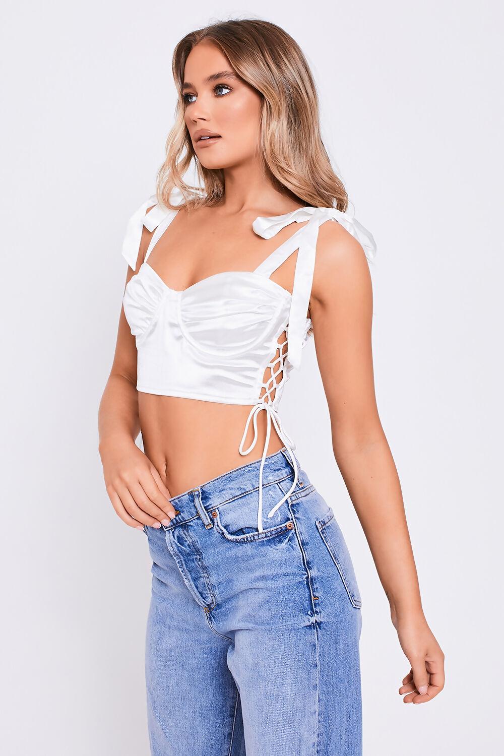 Saint Genies Ania White Tie Shoulder Laced Side Ruched Bust Crop Top
