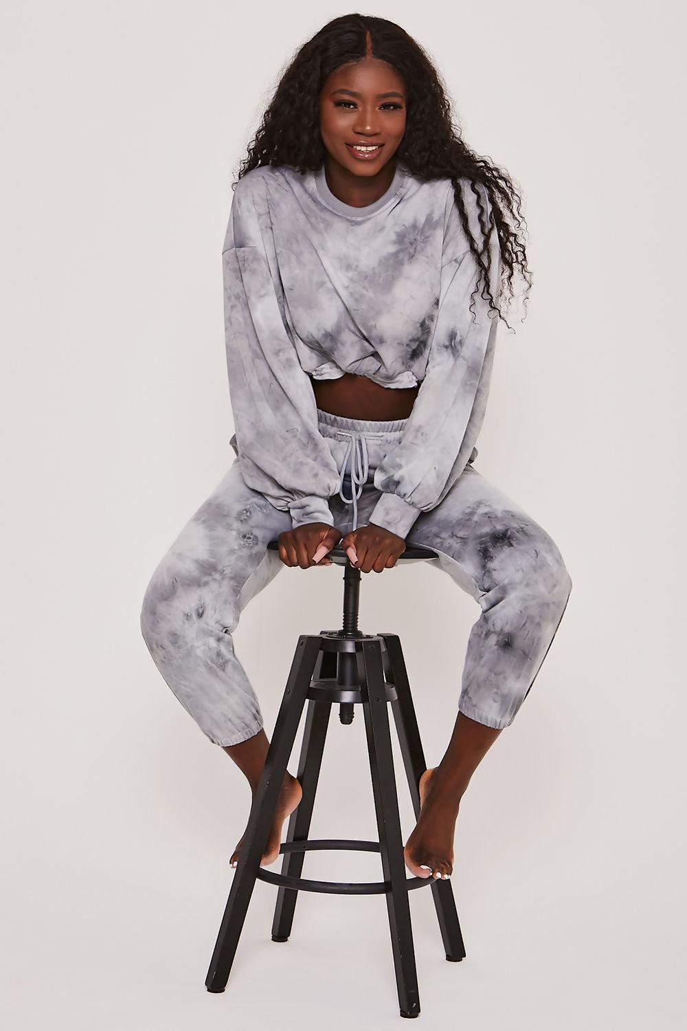 Saint Genies Anika Grey Tie Dye Oversized Drawstring Hem Jersey Sweatshirt