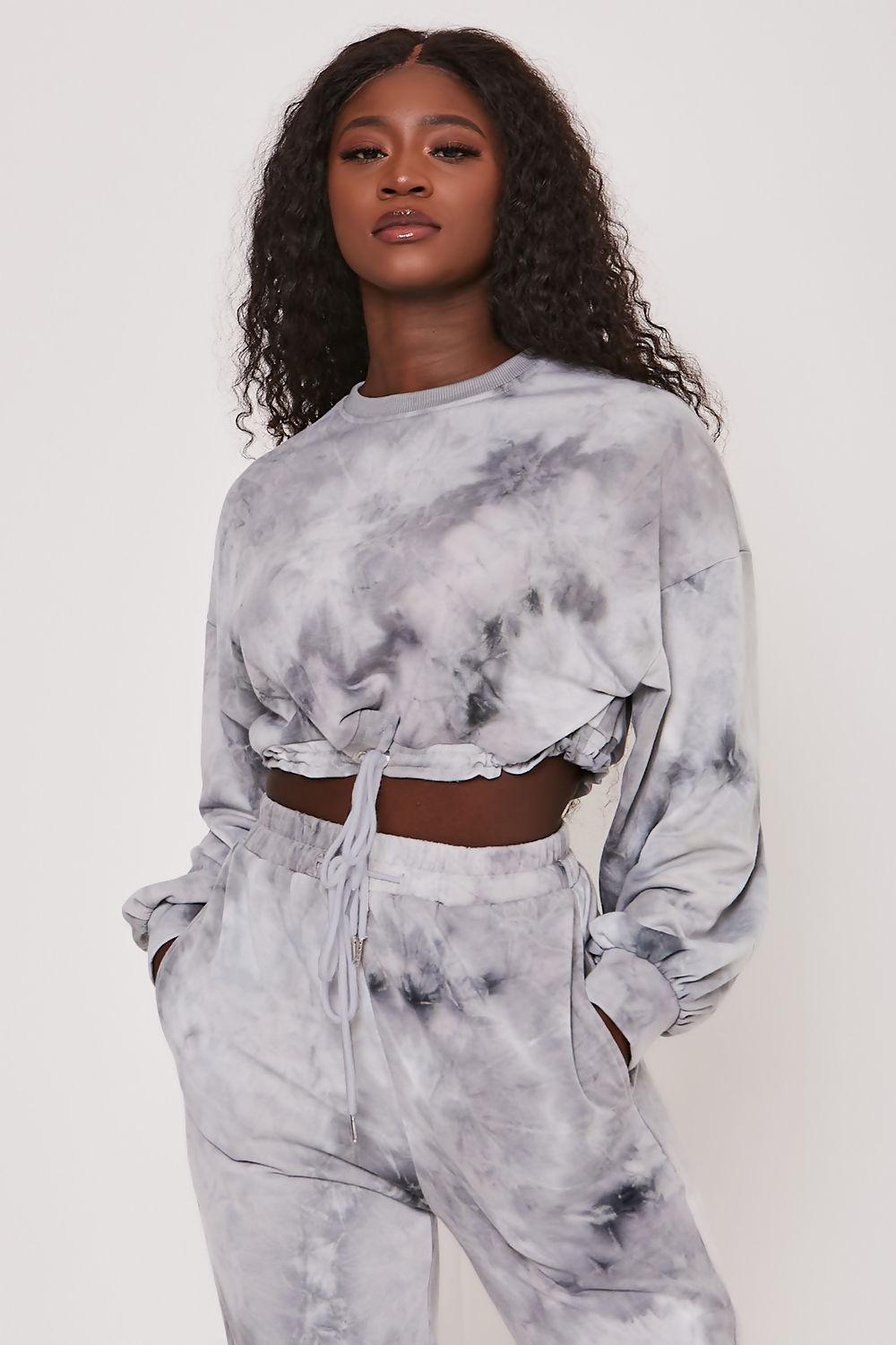 saint genies Anika Grey Tie Dye Oversized Drawstring Hem Jersey Sweatshirt