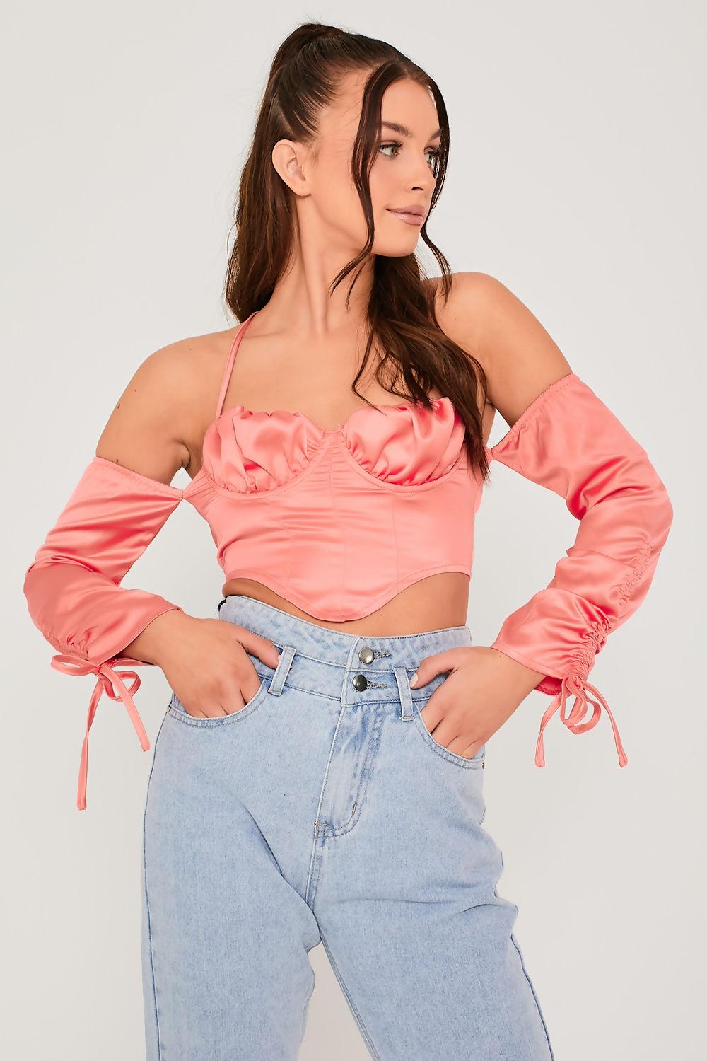 Saint Genies Anna Coral Cold Shoulder Long Sleeve Corset Top